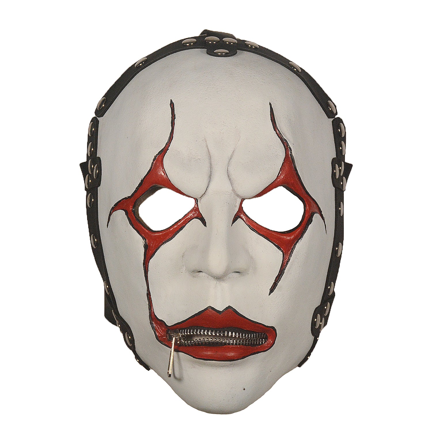 White and Red Gothic Latex Mask with Zipper Mouth – Halloween Horror Mask