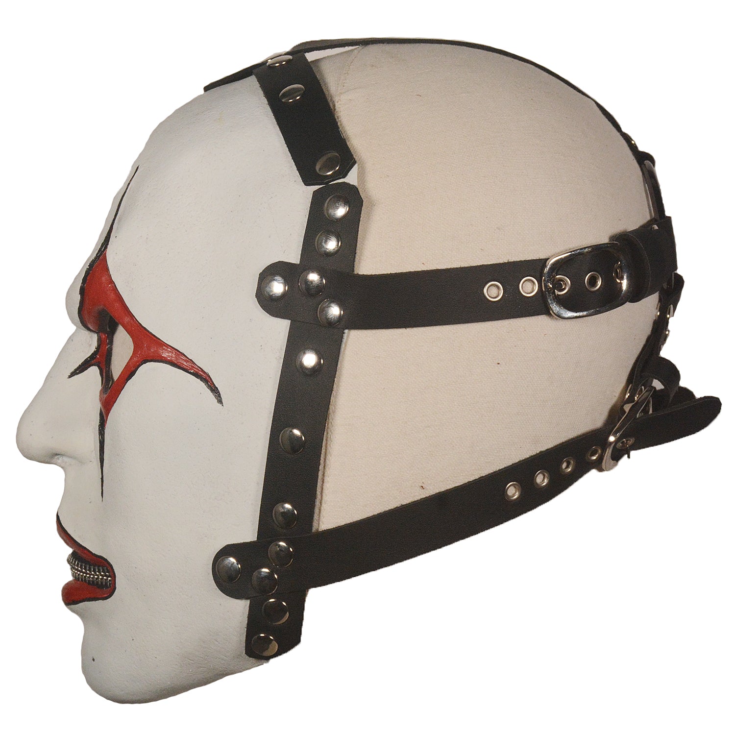 White and Red Gothic Latex Mask with Zipper Mouth – Halloween Horror Mask