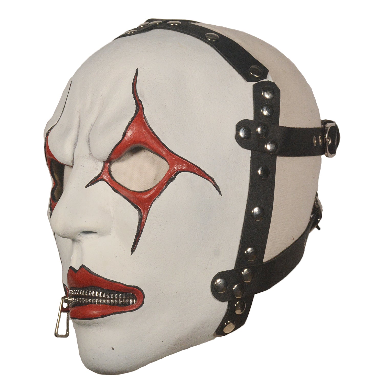 White and Red Gothic Latex Mask with Zipper Mouth – Halloween Horror Mask
