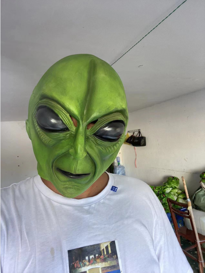 Green Alien Latex Mask with Large Black Eyes – Full Head Costume Mask